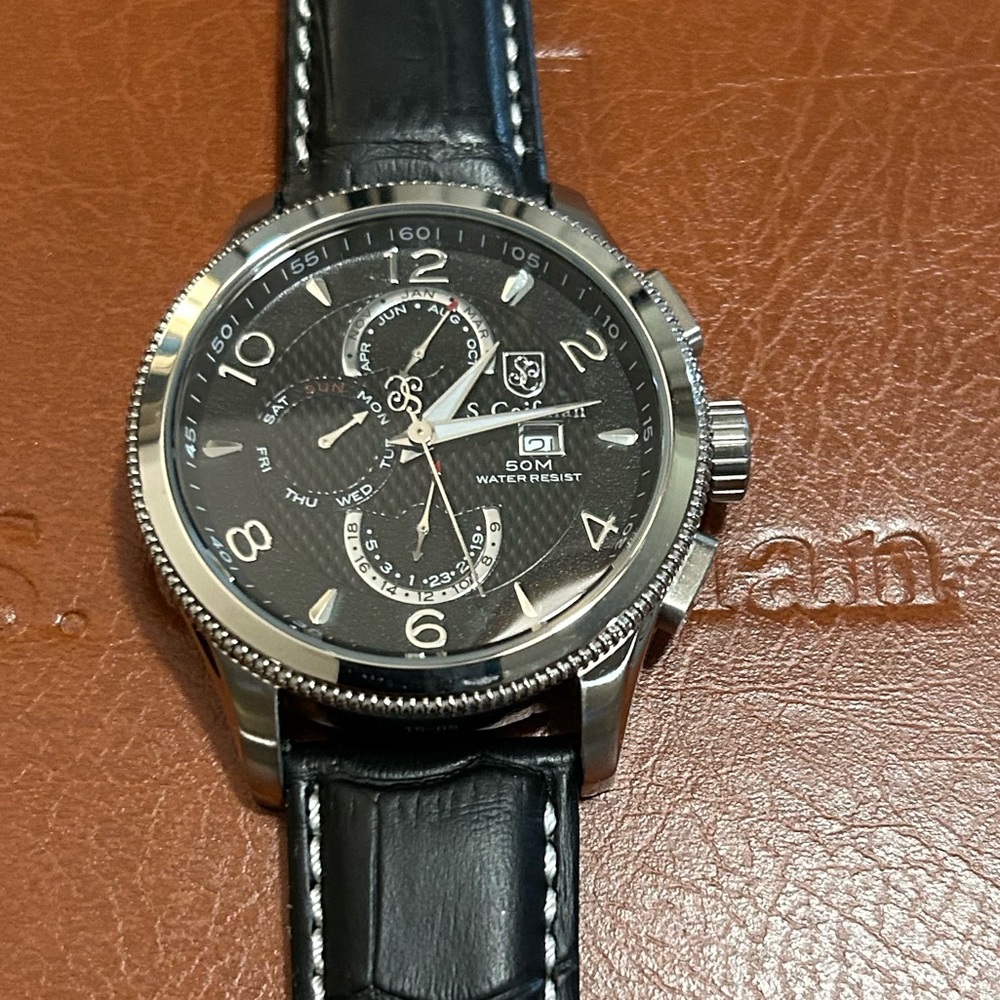 S. Coifman Watch With 44mm Black Chronograph Face & Black Leather Band